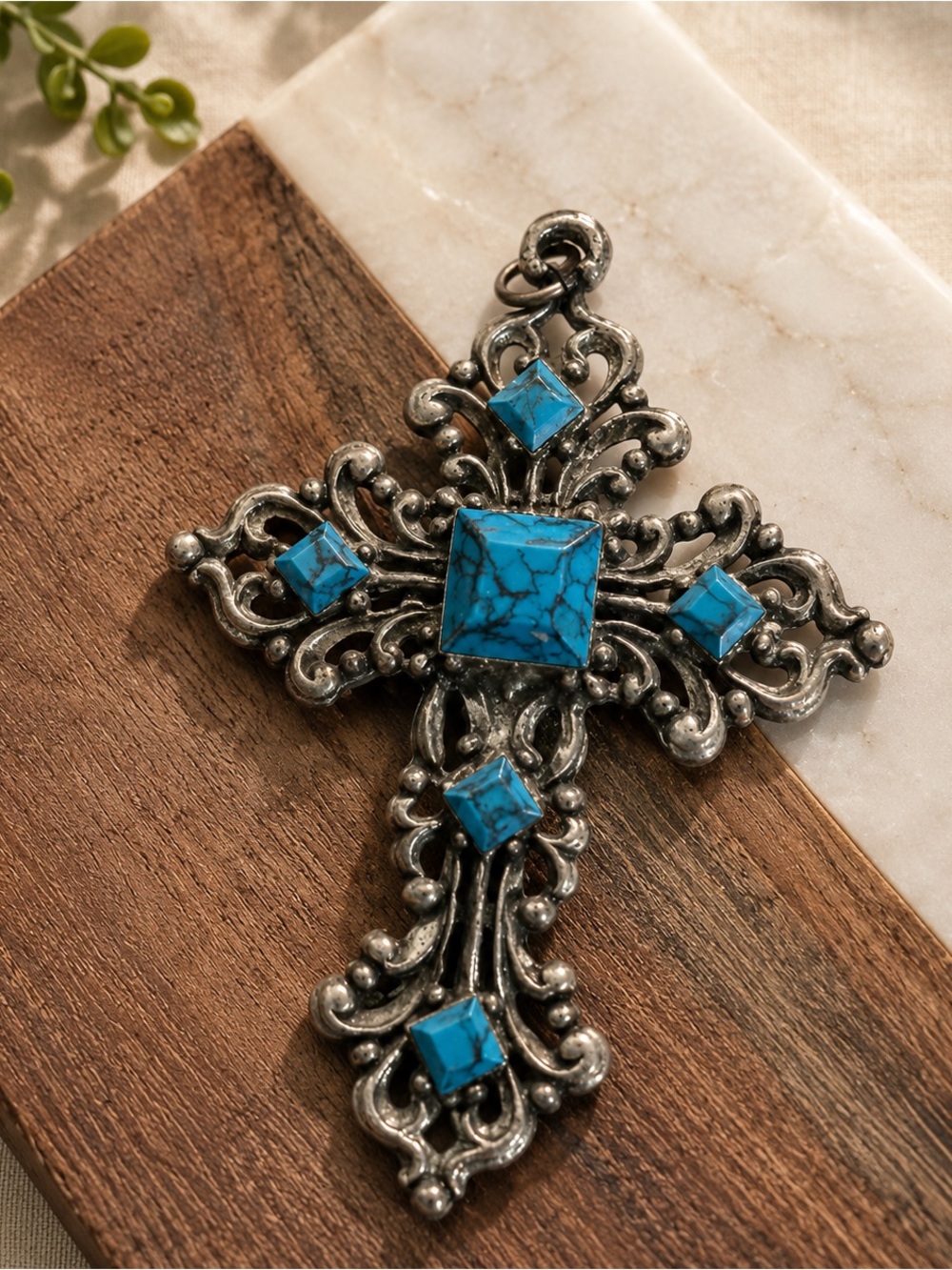 Beautiful Vintage Cross Pendant Charm 3" Blue Stone Turquoise Color